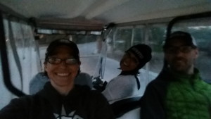 Sandra, Rodney, and me in the golf cart headed to the rental house