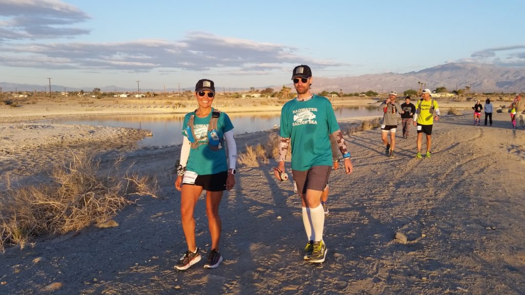 Rodney and Sandra of Team Starch Mouth walk to the start of the 2016 Badwater Salton Sea ultrarun.