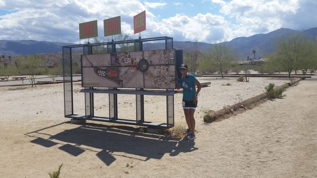  Sandra at a map sign in Borrego Springs during the 2016 Badwater Salton Sea ultrarun.
