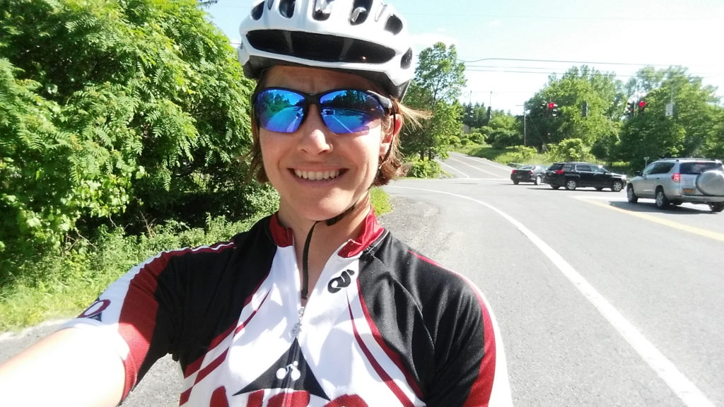 Coach Nicole and the Sweet Rd intersection on the 2016 IRONMAN Syracuse 70.3 bike course.