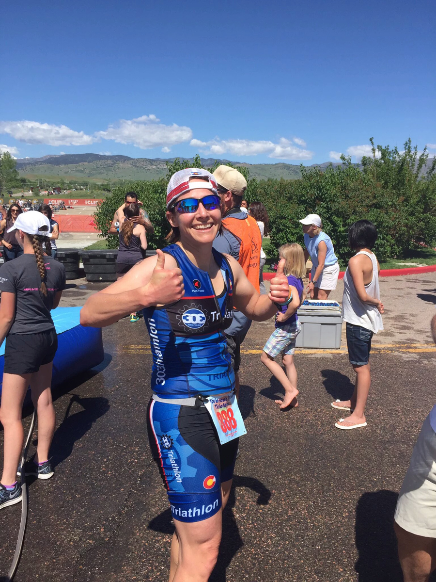 Coach Nicole Odell after finishing the Olympic distance at the 2016 Colorado Triathlon