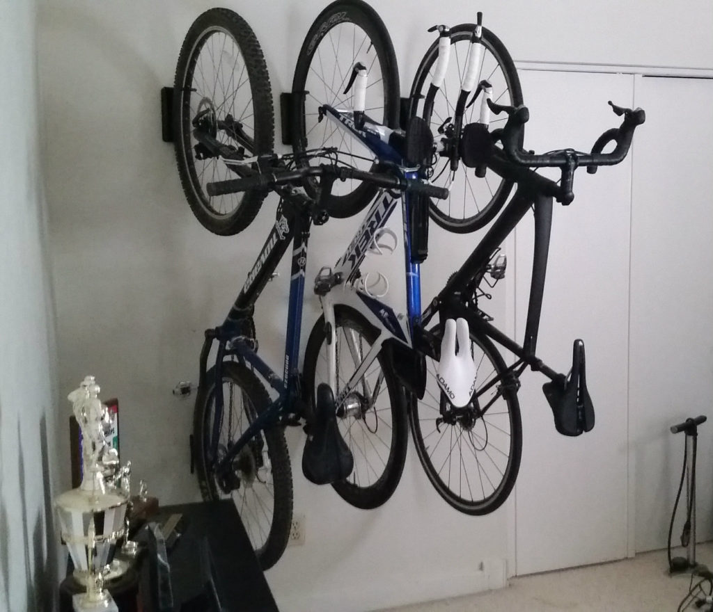 Coach Nicole’s bikes mounted with Feedback Sports Velo Hinge in her home office.