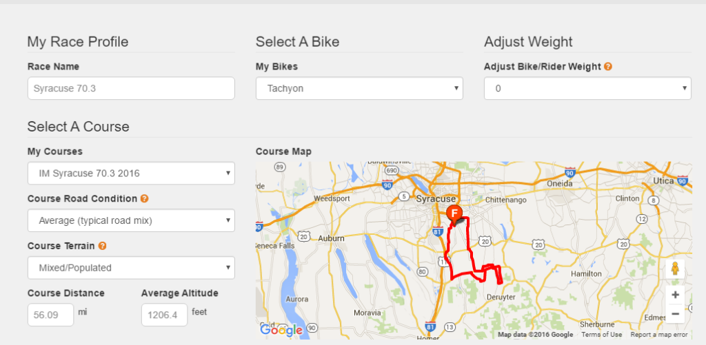 The first steps of setting up a race in Best Bike Split is to select a course and race conditions.