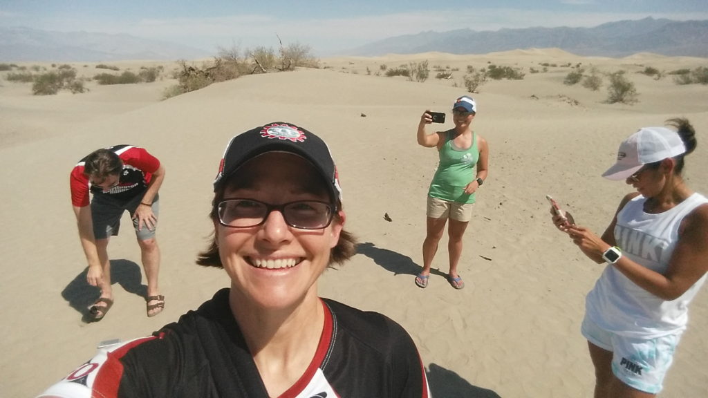 Coach Nicole, Rodney, Khem, and Sandra at the Mesquite Sand Dunes in Death Valley National Park, California.