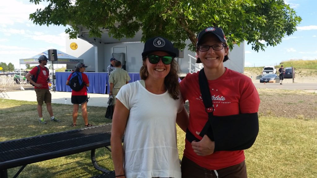 Current ITU first place female, Flora Duffy, and Coach Nicole at the Boulder Reservoir.