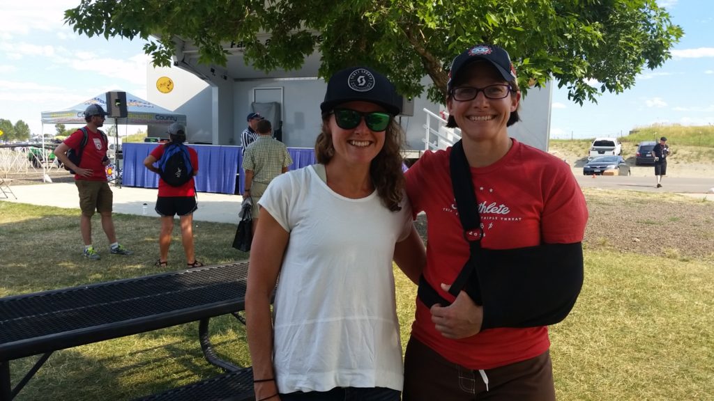 Coach Nicole with top-ranked ITU triathlete and Olympian, Flora Duff, the day before the 2016 Life Time Boulder Peak Triathlon. The race ended up being cancelled due to a wildfire needing additional emergency personnel.