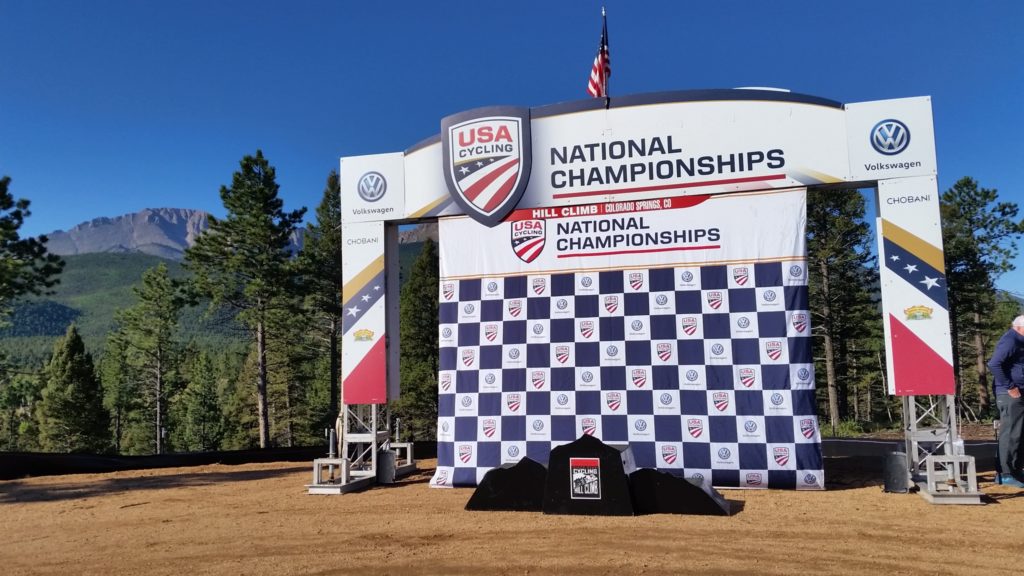 Podium staged with Pikes Peak in the background at the 2016 USA Cycling Hill Climb National Championships.