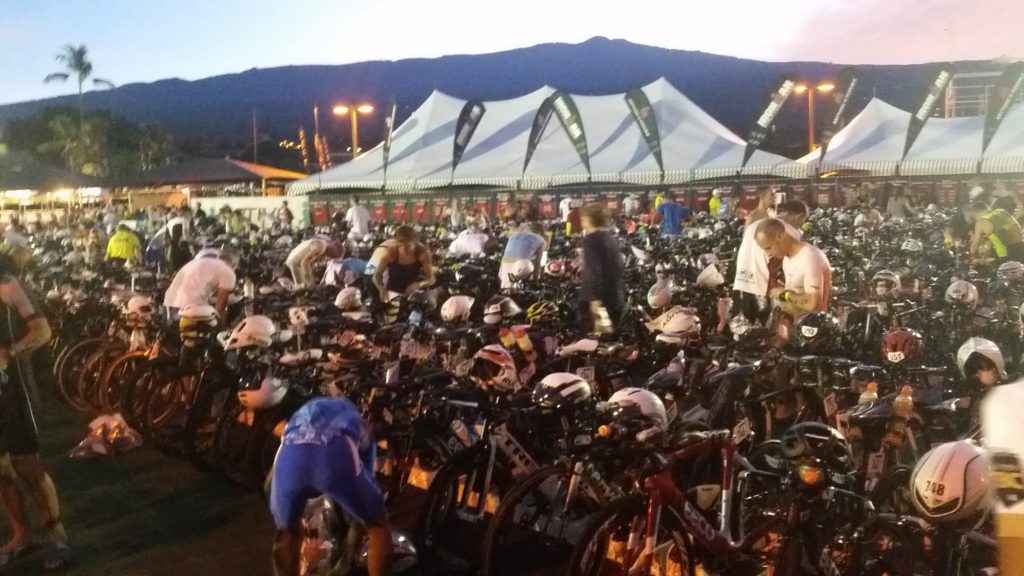 Athletes in transition making final preps before the race start of the 2016 IRONMAN World Championship
