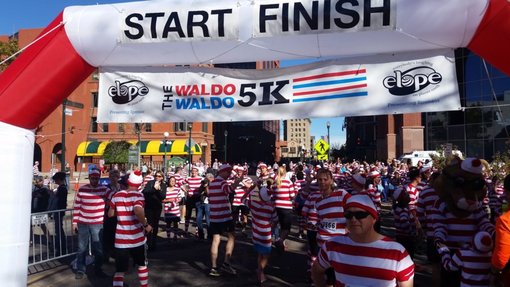 The off-season is a great time to join in local untimed events for fun. Shown here is the finish line of the 2016 Waldo Waldo 5k in Colorado Springs.