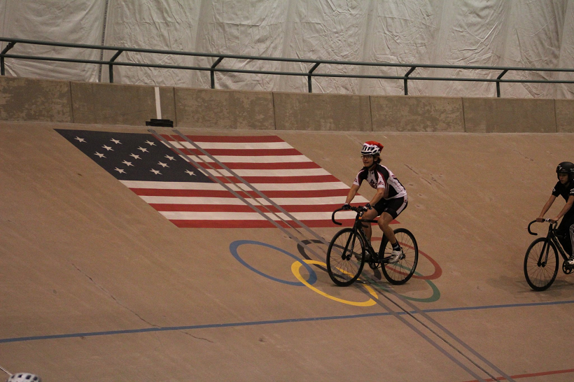 Coach Nicole at the US Olympic Training Center Velodrome during a Learn the Velodrome course. Photo by Dan Dombeck.