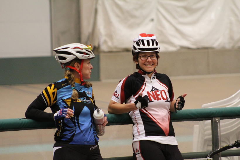 Coach Nicole and her friend Marisa at the US Olympic Training Center Velodrome during a Learn the Velodrome course.