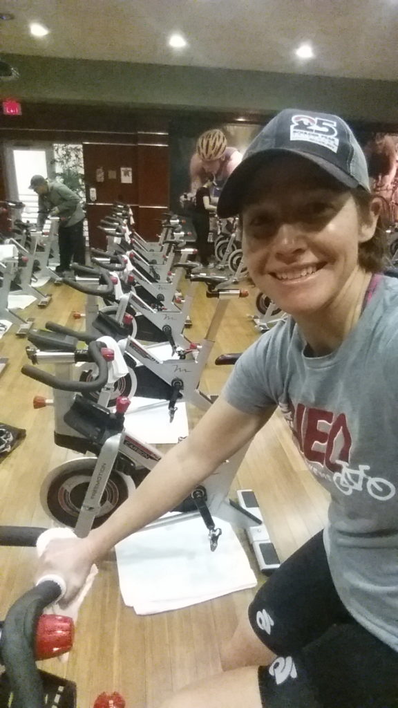 Coach Nicole getting in her warm-up on the bike at the 2017 Life Time Fitness Indoor Triathlon in Colorado Springs.