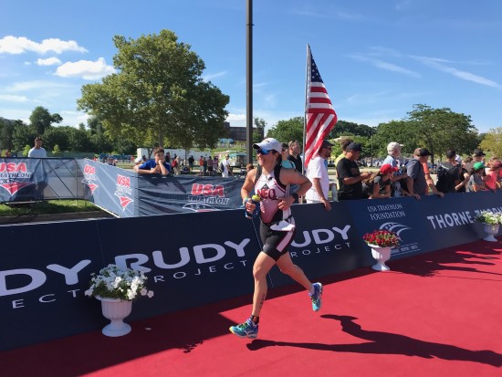 Coach Nicole in the finish chute at the 2018 USA Triathlon Age Group National Championships in Cleveland