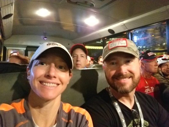Coach Nicole and Super Sherpa Rudy on the 5am school bus ride to the event site for the 2018 USAT Age Group National Championships.