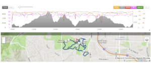 The top half of the image is a graph with an undulating elevation profile, along with heart rate, cadence, pace, and power data. The bottom half of the image is a map with the race route in the park, with start and finish indicated with a green S and red F